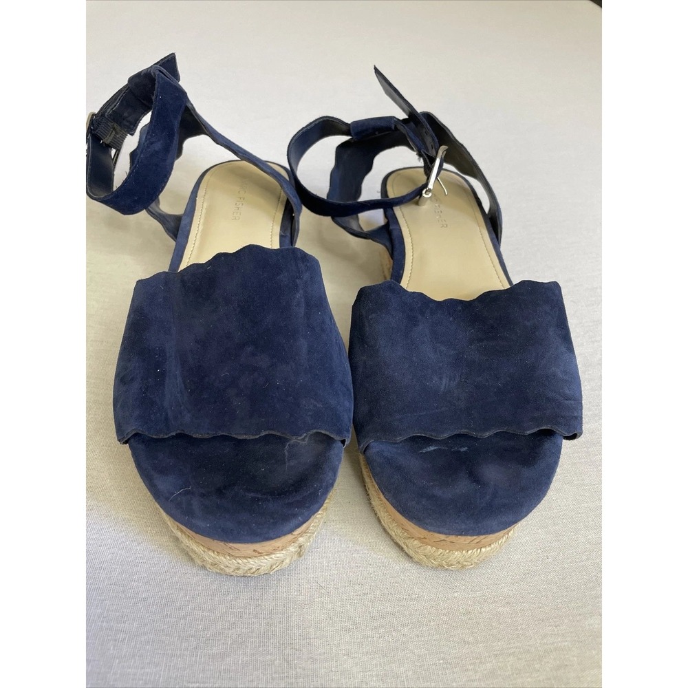 Marc Fisher MFFAITFUL Wedge Sandals Women 10 Navy Blue Scalloped Espadrille Boho